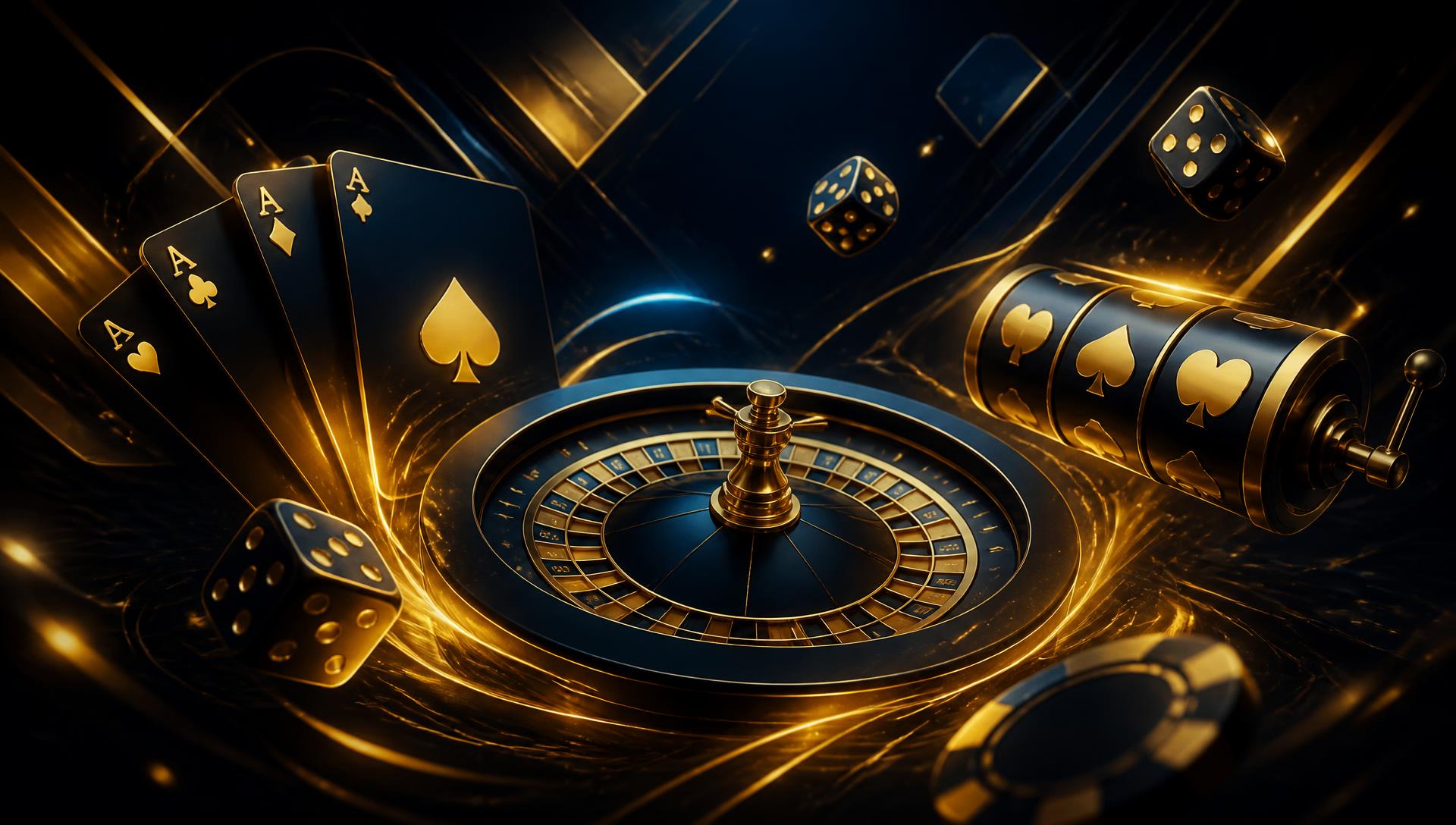 Golden roulette wheel, dice and playing cards representing JackBit online games